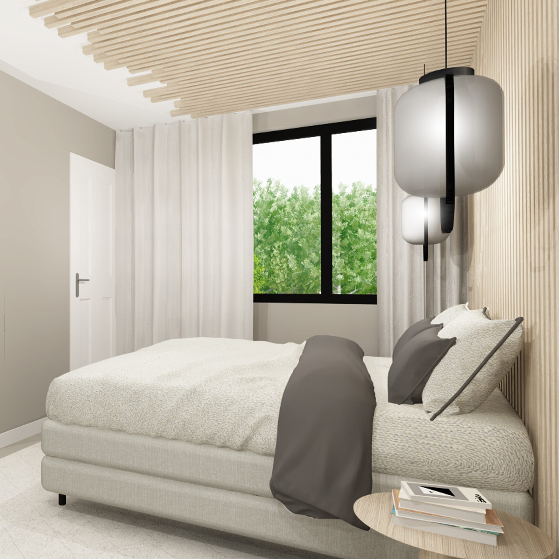 Slaapkamer interieurontwerp met lamellenwand en plafond lichtplan