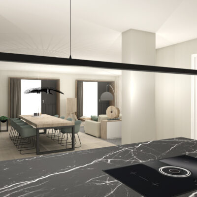 Interieurontwerp appartement woonkamer en keuken indeling 3D