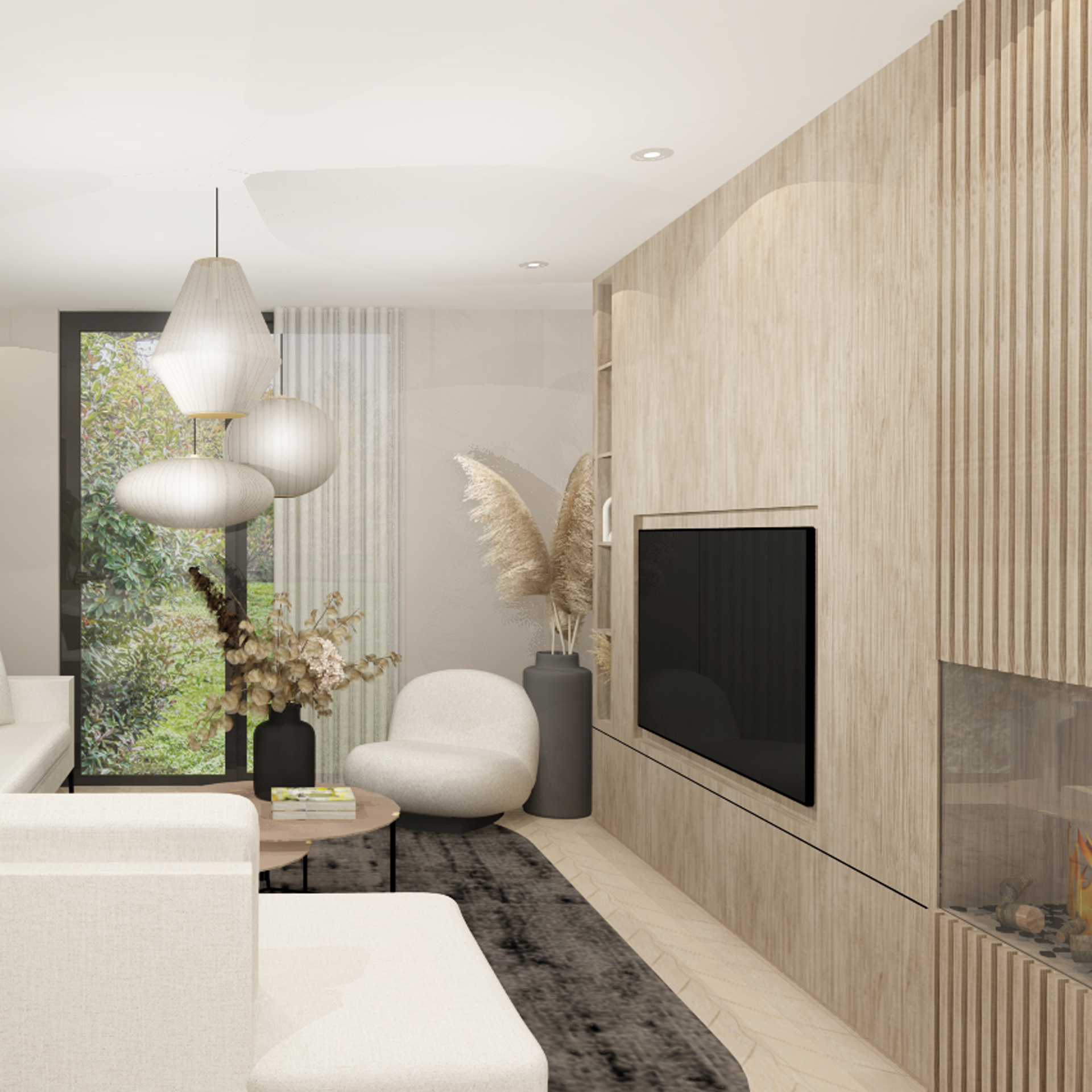 Een stijlvol interieurontwerp van een woonkamer met een op maat gemaakte kast met diverse functies. De kast heeft strakke lijnen en een moderne uitstraling, met ingebouwde planken en laden voor opslag. Het biedt ruimte voor boeken, decoratieve items en media-apparatuur. De kast heeft ook geïntegreerde verlichting om een gezellige sfeer te creëren. Het ontwerp combineert functionaliteit en esthetiek, waardoor de woonkamer een georganiseerde en elegante uitstraling krijgt.