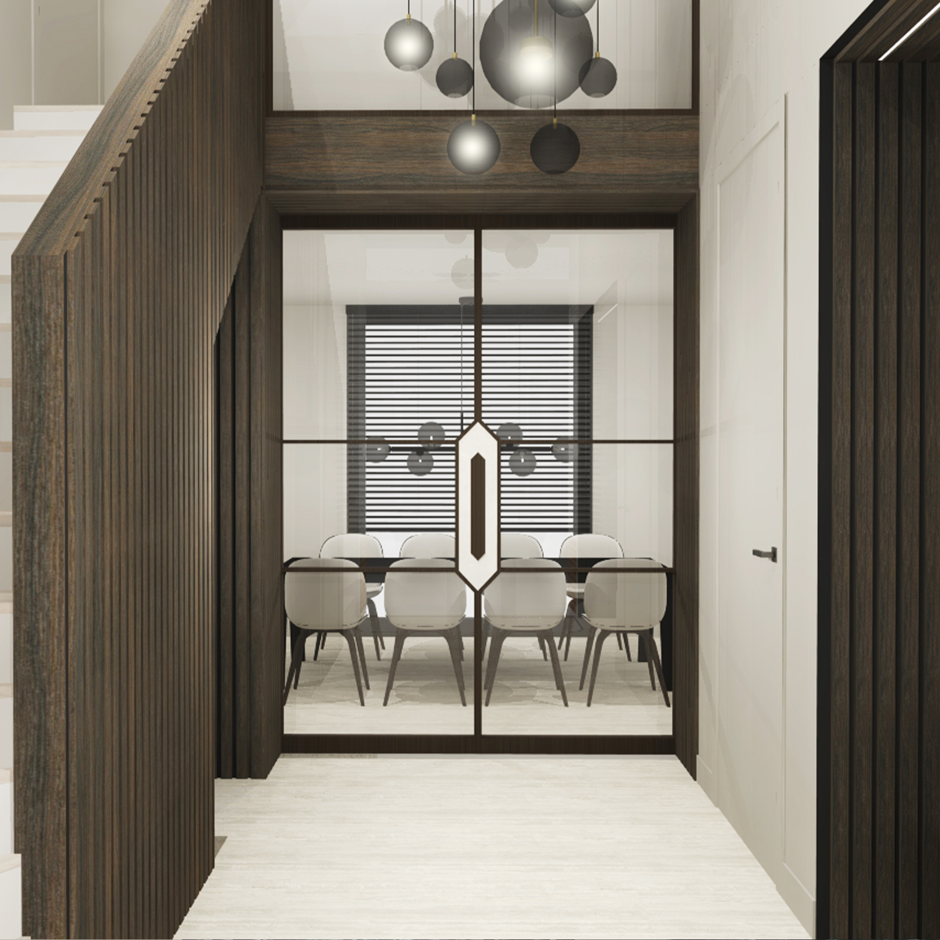 Een ruime en goed verlichte entreehal van een woning, met hoge plafonds, een opvallende kroonluchter en een elegante trap. Aan weerszijden van de hal staan kunstwerken aan de muren en er ligt een zacht, luxe tapijt op de vloer. De entreehal straalt een warme en uitnodigende sfeer uit, met natuurlijke elementen zoals planten en een grote glazen voordeur die natuurlijk licht binnenlaat. Projecten
