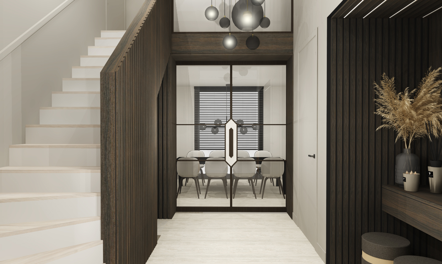 Ontdek het adembenemende interieurontwerp van de ruime hal in dit prachtige huis in Oostvoorne. Deze indrukwekkende hal verwelkomt je met zijn elegante en verfijnde uitstraling. Met oog voor detail en gebruik van hoogwaardige materialen is de ruimte omgetoverd tot een stijlvolle entree. Laat je inspireren door de harmonie tussen modern design en een warme, uitnodigende ambiance die dit interieurontwerp tot een ware eyecatcher maakt.